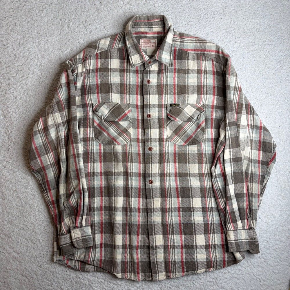 Diesel J&W Workshirt Mens XL Plaid Flannel Button Down Grey Red Cotton vintage